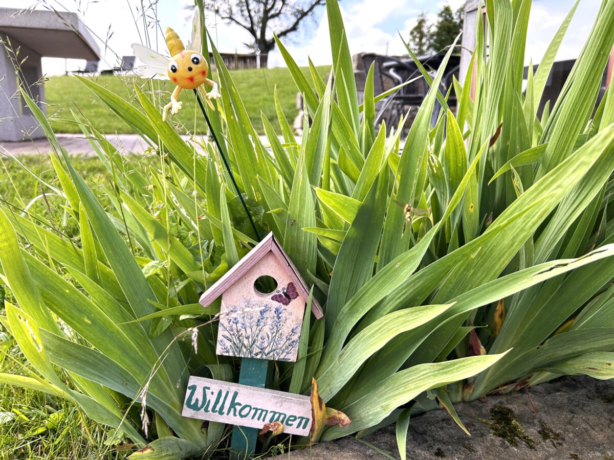 Eine kleine Gartendekoration mit einer Bienenfigur, einem Vogelhäuschen und einem Willkommen-Schild liegt inmitten von grünem Laub am Feriendomizil Vetter Papstdorf. Im Hintergrund sind Gras und ein Gebäude der Ferienanlage Sächsische Schweiz zu sehen.